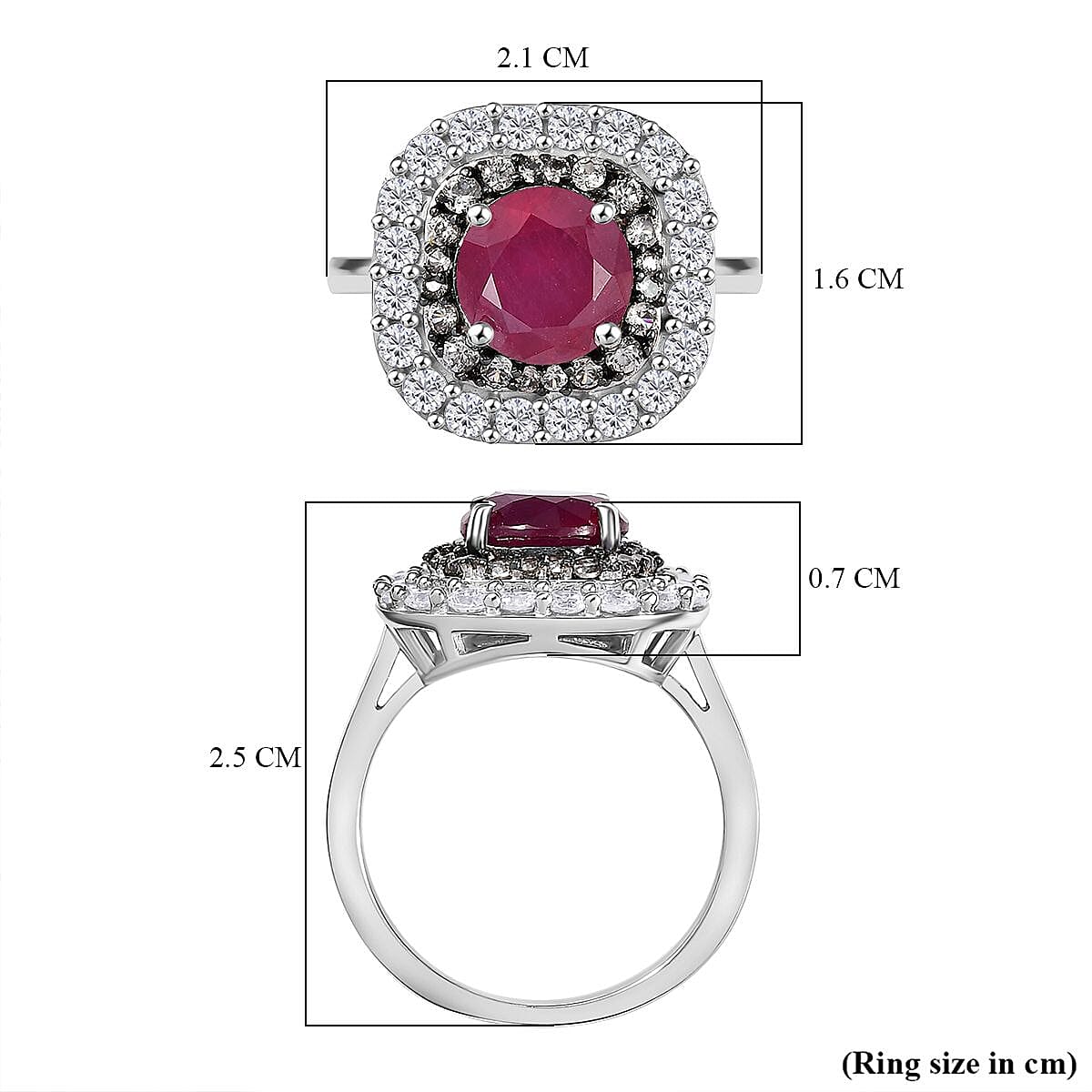 African Ruby, White Zircon & Natural Champagne Zircon Ring in Rhodium Overlay Sterling Silver 4.08 Ct.