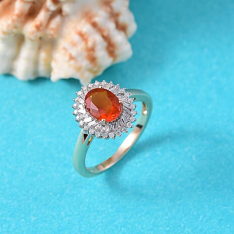 Natural 9K Yellow Gold AAAA Crimson Fire Opal & White Diamond Ring 1.15 Ct.