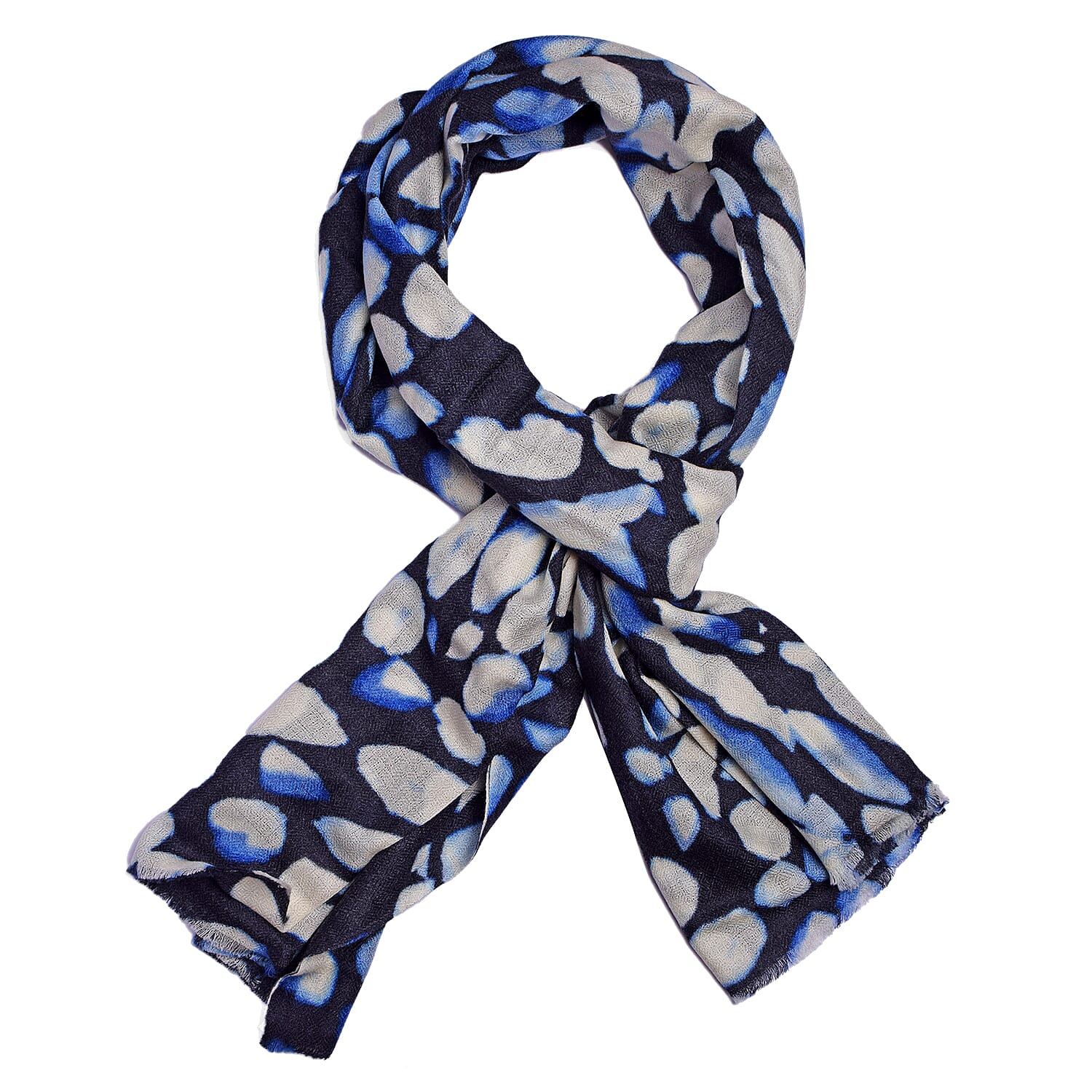 100% Cashmere Printed Scarf - White & Blue