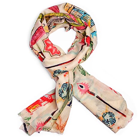100 % Cashmere Wool Printed Scarf (One Size) - Cream