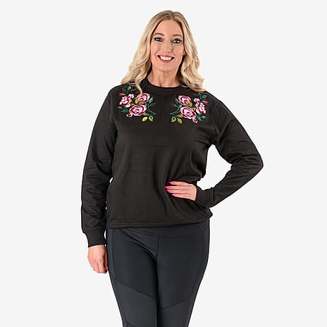 Ladies Flower Embridered Knitted Sweat Shirt (Size - Small) - Black