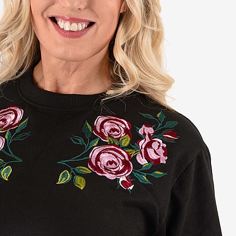 Ladies Flower Embridered Knitted Sweat Shirt (Size - Small) - Black