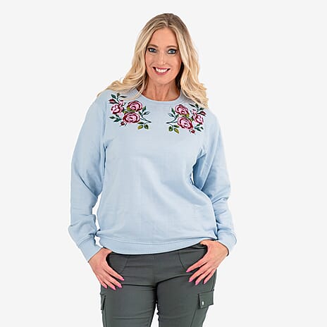 Ladies Flower Embridered Knitted Sweat Shirt (Size - Small) - Blue