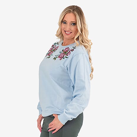 Ladies Flower Embridered Knitted Sweat Shirt (Size - Small) - Blue