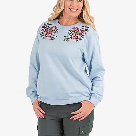 Ladies Flower Embridered Knitted Sweat Shirt (Size - Small) - Blue