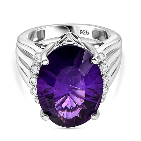 AAA Concave Cut Zambian Amethyst & White Zircon Solitaire Ring in Rhodium Overlay Sterling Silver 11.84 Ct, Silver Wt. 6.65 Gms.