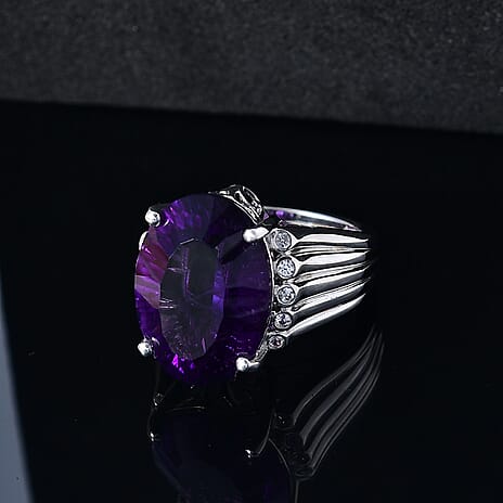 AAA Concave Cut Zambian Amethyst & White Zircon Solitaire Ring in Rhodium Overlay Sterling Silver 11.84 Ct, Silver Wt. 6.65 Gms.