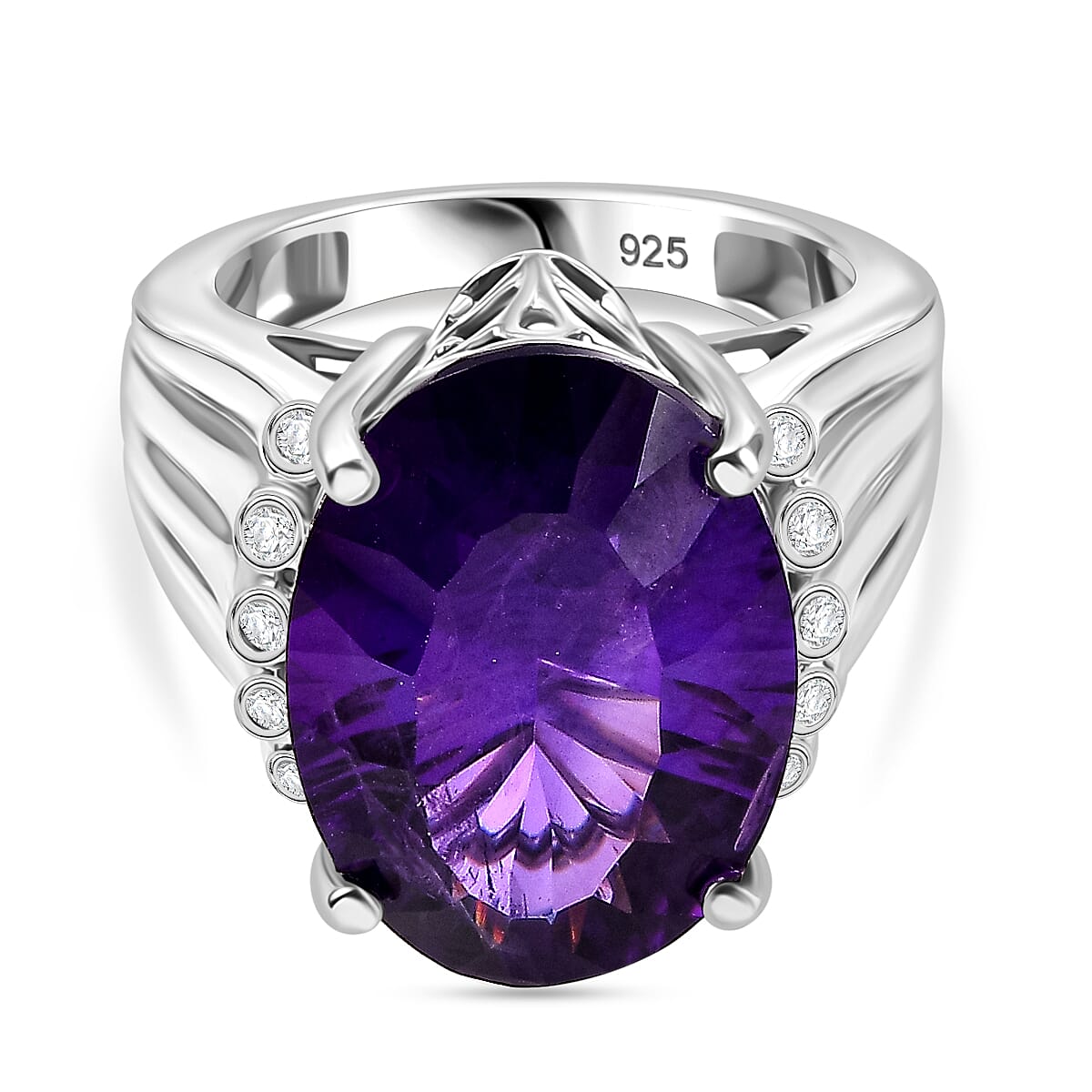 AAA Concave Cut Zambian Amethyst & White Zircon Solitaire Ring in Rhodium Overlay Sterling Silver 11.84 Ct, Silver Wt. 6.65 Gms.