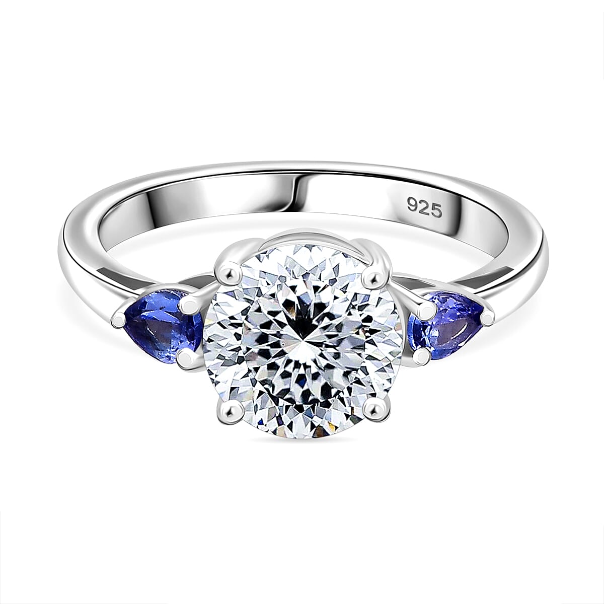 Moissanite & Tanzanite Ring in Rhodium Overlay Sterling Silver 2.15 Ct.