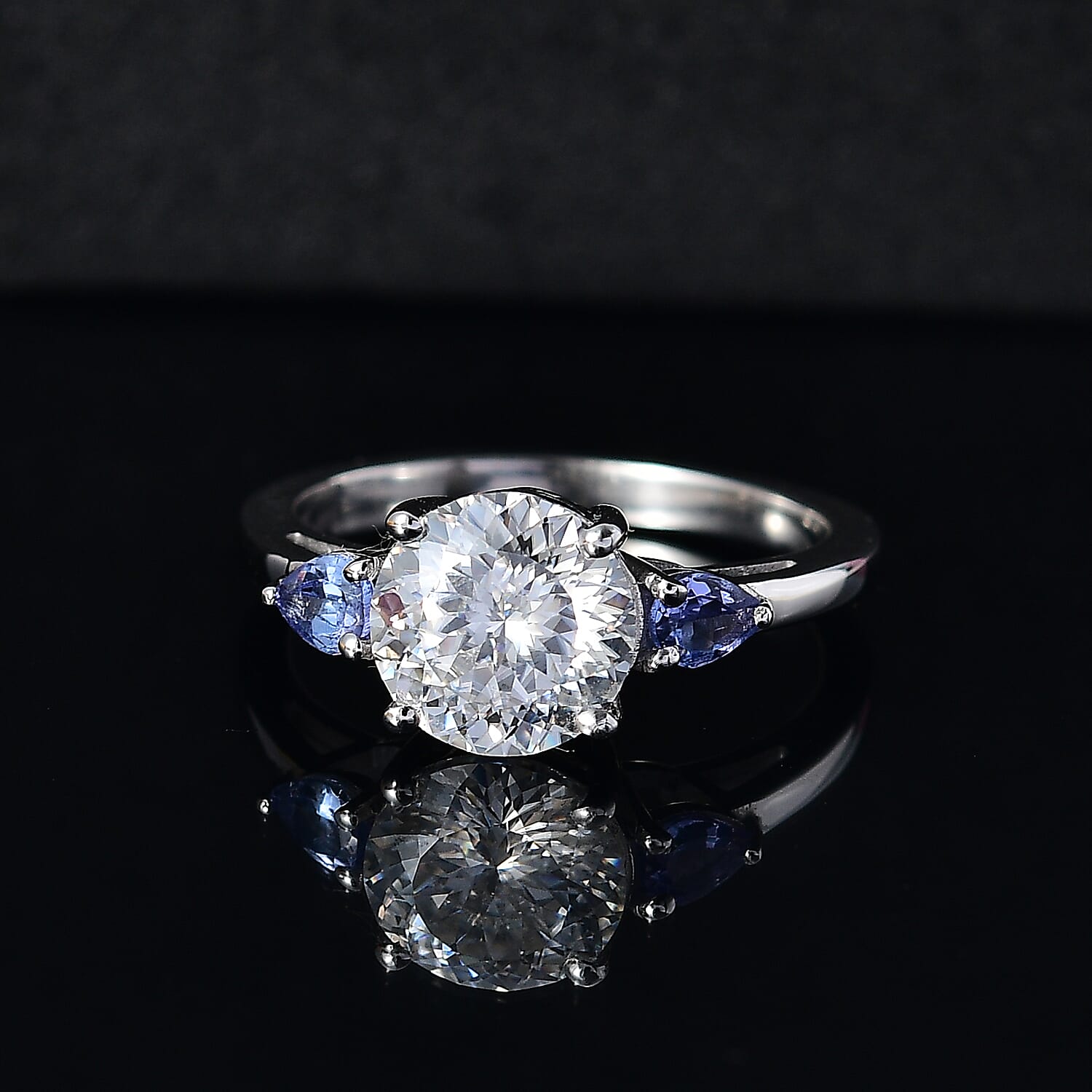 Moissanite & Tanzanite Ring in Rhodium Overlay Sterling Silver 2.15 Ct.
