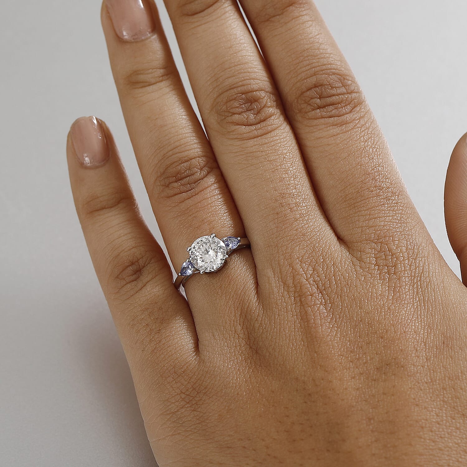 Moissanite & Tanzanite Ring in Rhodium Overlay Sterling Silver 2.15 Ct.