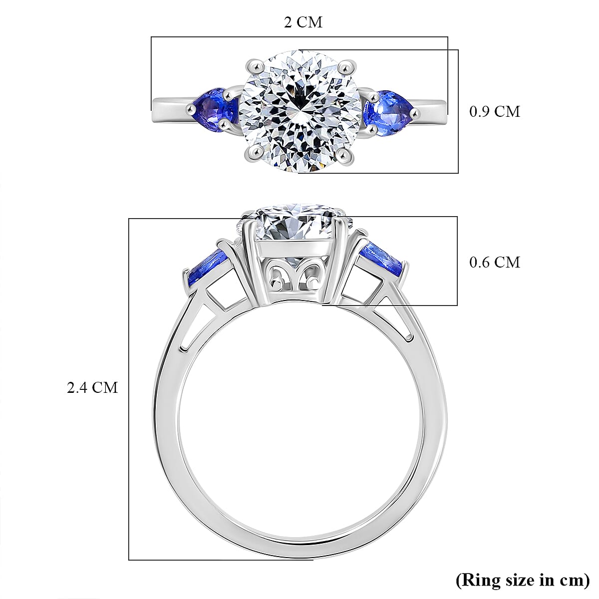 Moissanite & Tanzanite Ring in Rhodium Overlay Sterling Silver 2.15 Ct.