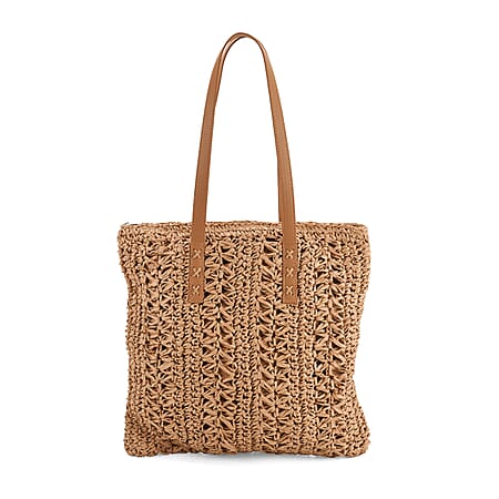 Bohemian Crochet Tote Bag with Shoulder Straps - Khaki