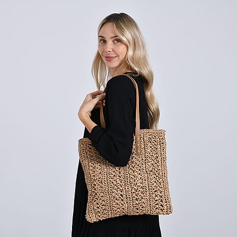 Bohemian Crochet Tote Bag with Shoulder Straps - Khaki
