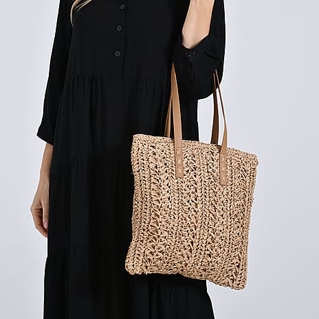 Bohemian Crochet Tote Bag with Shoulder Straps - Khaki