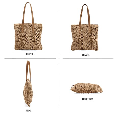 Bohemian Crochet Tote Bag with Shoulder Straps - Khaki