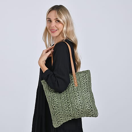 BLACK FRIDAY DEAL ONLY-Bohemian Crochet Tote Bag with Shoulder Straps - Green