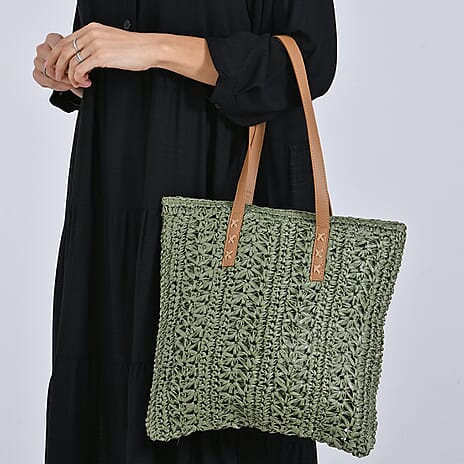 BLACK FRIDAY DEAL ONLY-Bohemian Crochet Tote Bag with Shoulder Straps - Green
