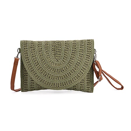 Bohemian Style Woven Clutch with Long Adjustable Strap - Green