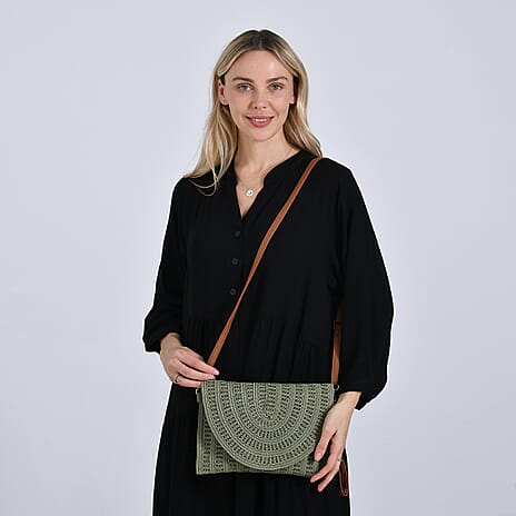 Bohemian Style Woven Clutch with Long Adjustable Strap - Green