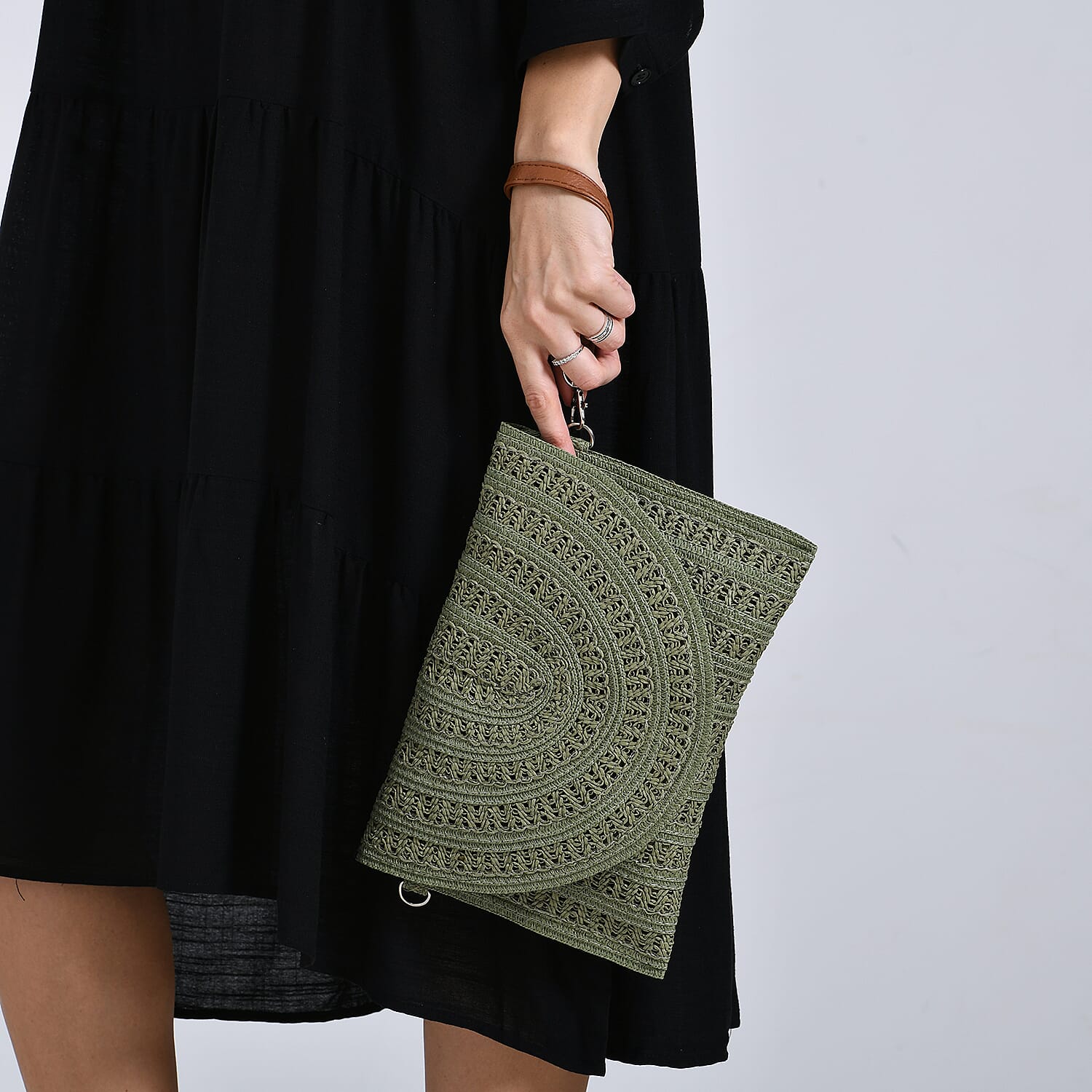 Bohemian Style Woven Clutch with Long Adjustable Strap - Green
