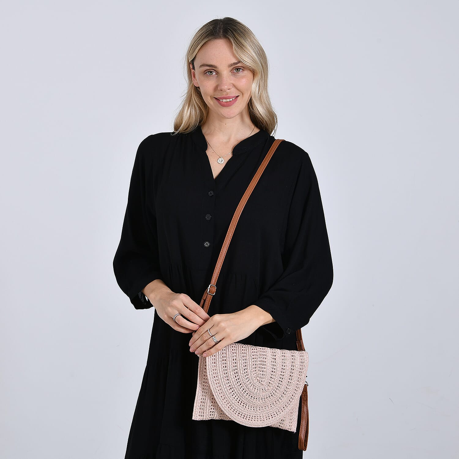 Bohemian Style Woven Clutch with Long Adjustable Strap - Pink