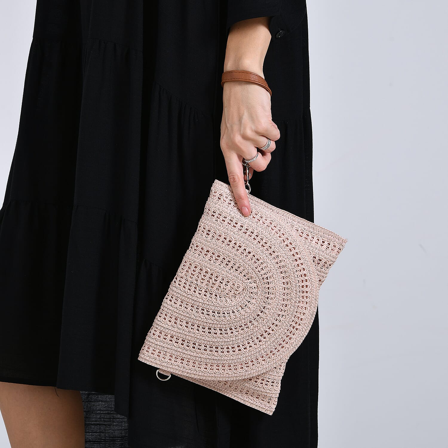 Bohemian Style Woven Clutch with Long Adjustable Strap - Pink