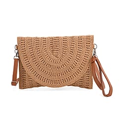 Bohemian Style Woven Clutch with Long Adjustable Strap - Khaki