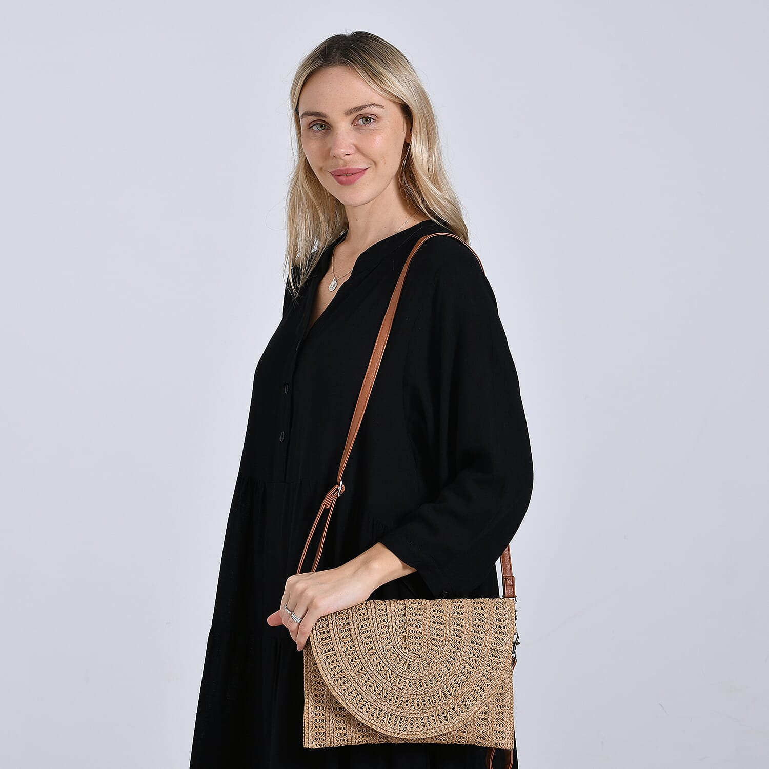 Bohemian Style Woven Clutch with Long Adjustable Strap - Khaki