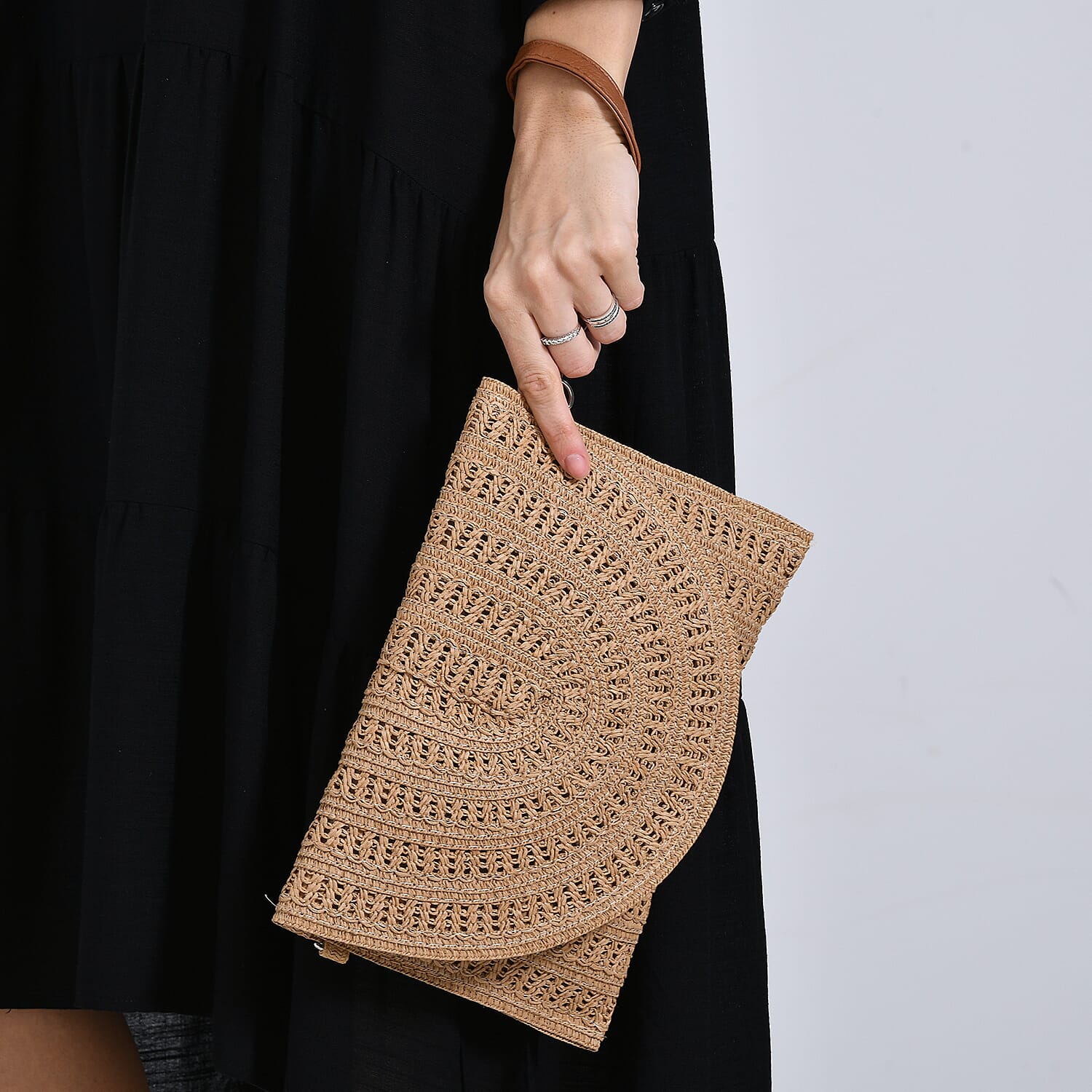 Bohemian Style Woven Clutch with Long Adjustable Strap - Khaki