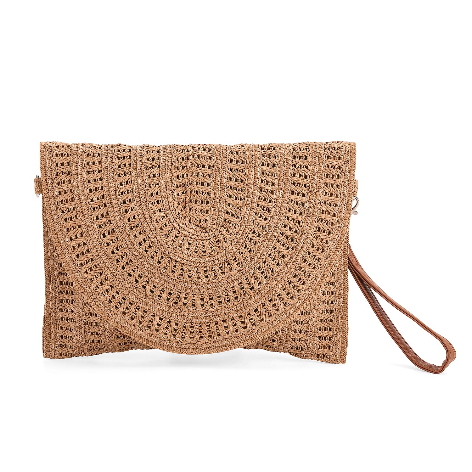Bohemian Style Woven Clutch with Long Adjustable Strap - Khaki