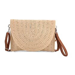 Bohemian Style Woven Clutch with Long Adjustable Strap - Khaki