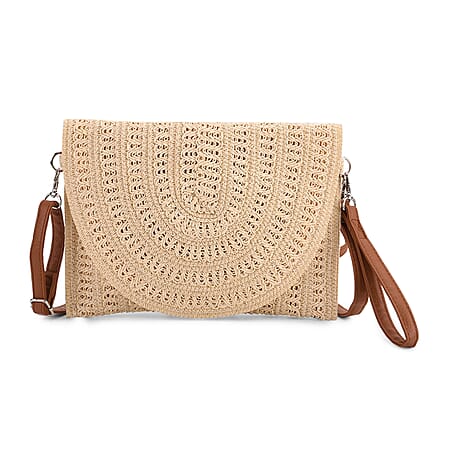 Bohemian Style Woven Clutch with Long Adjustable Strap - Beige