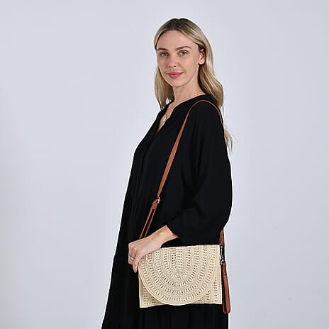 Bohemian Style Woven Clutch with Long Adjustable Strap - Beige