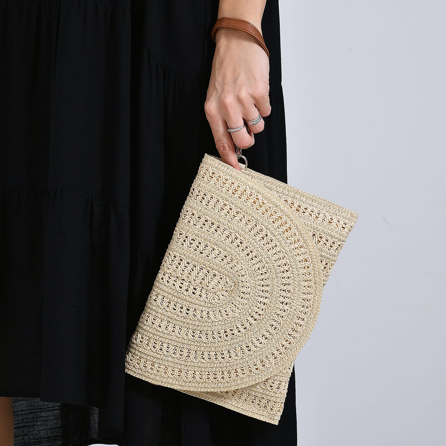 Bohemian Style Woven Clutch with Long Adjustable Strap - Beige