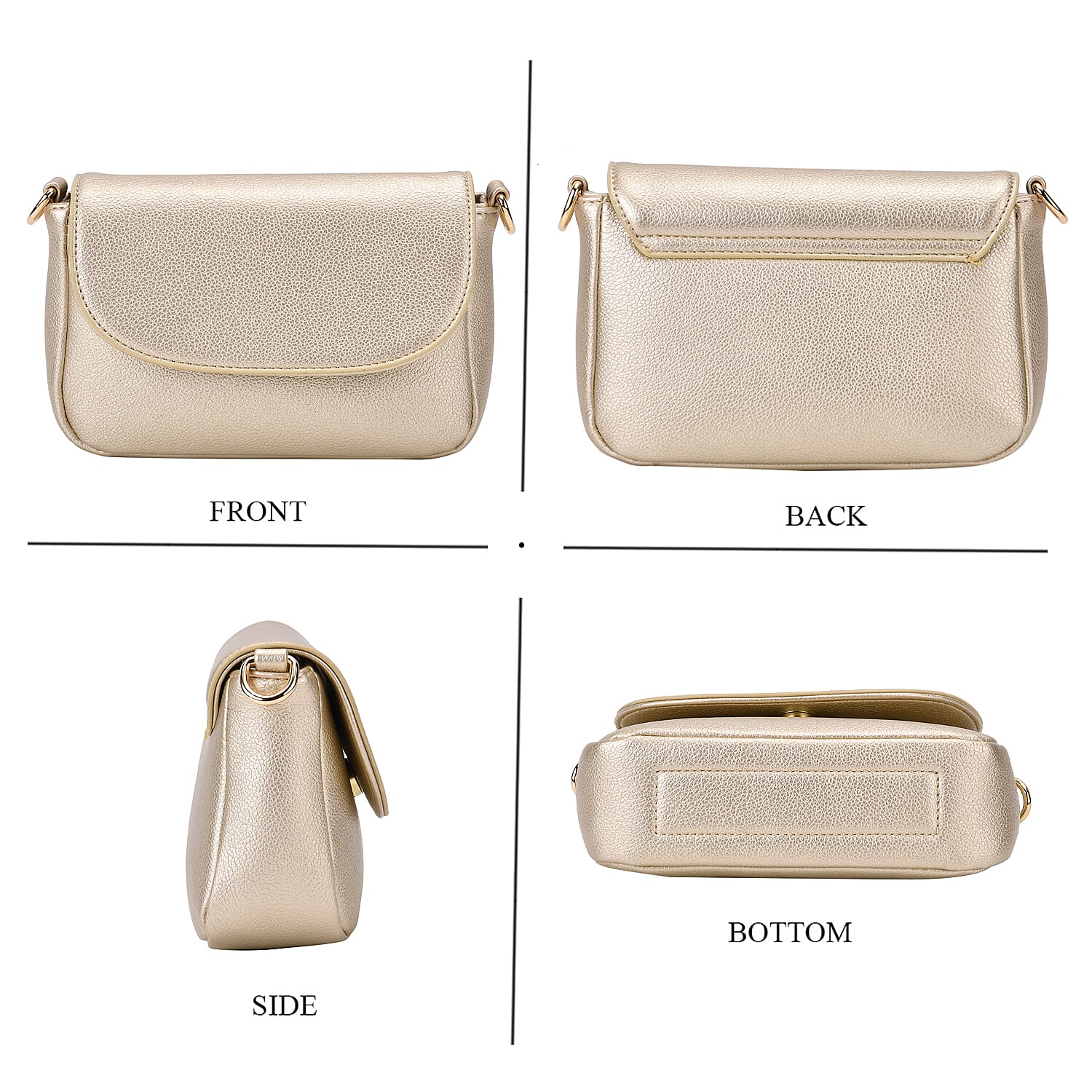 Elegant Metallic Gold Flap Crossbody Bag with Adjustable Strap