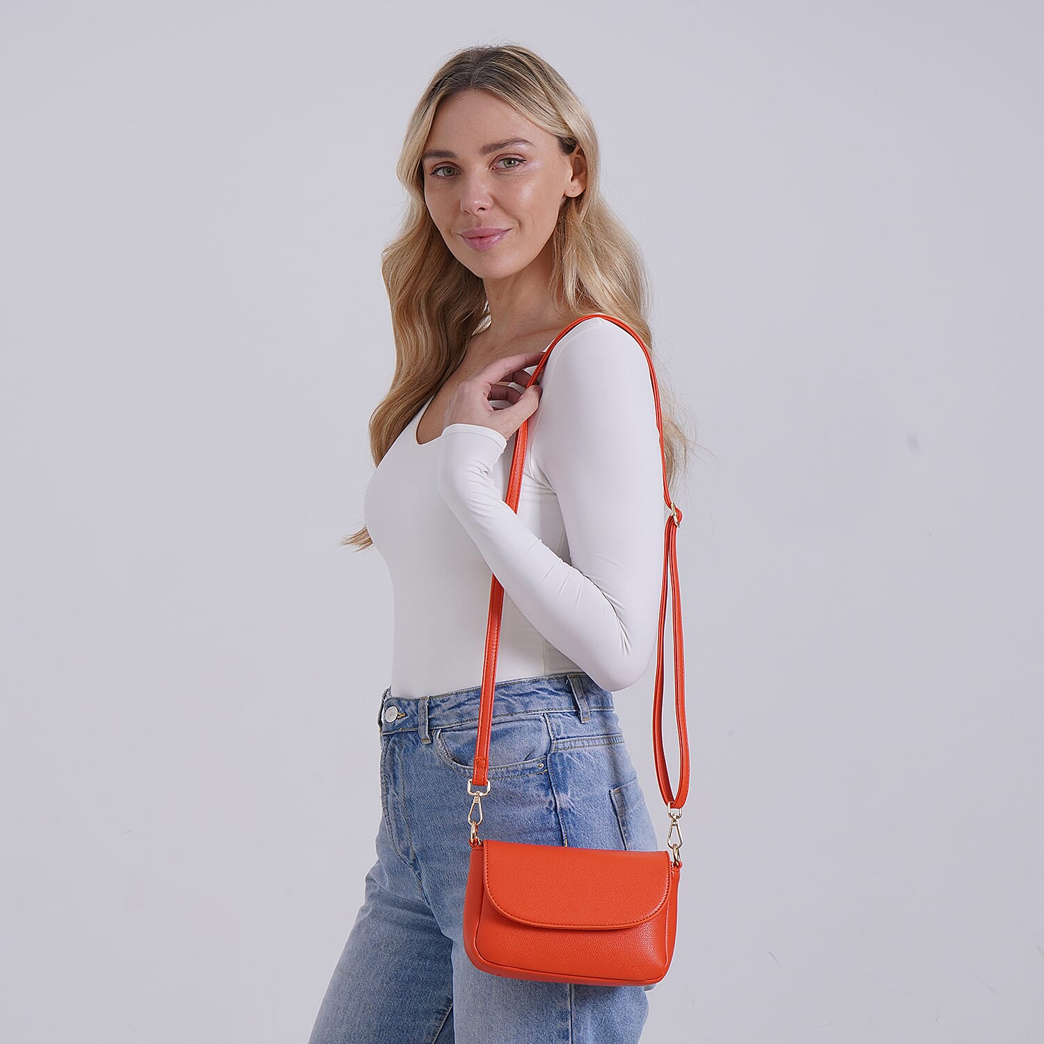 Elegant Flap Crossbody Bag with Adjustable Strap - Orange