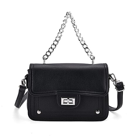 THE BIG CLOSEOUT - Edgy Satchel Bag with Chain Handle and Detachable Shoulder Strap - Black