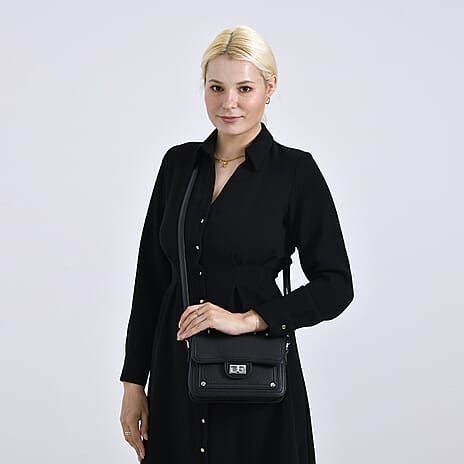 THE BIG CLOSEOUT - Edgy Satchel Bag with Chain Handle and Detachable Shoulder Strap - Black