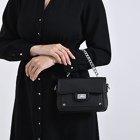THE BIG CLOSEOUT - Edgy Satchel Bag with Chain Handle and Detachable Shoulder Strap - Black