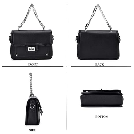 THE BIG CLOSEOUT - Edgy Satchel Bag with Chain Handle and Detachable Shoulder Strap - Black