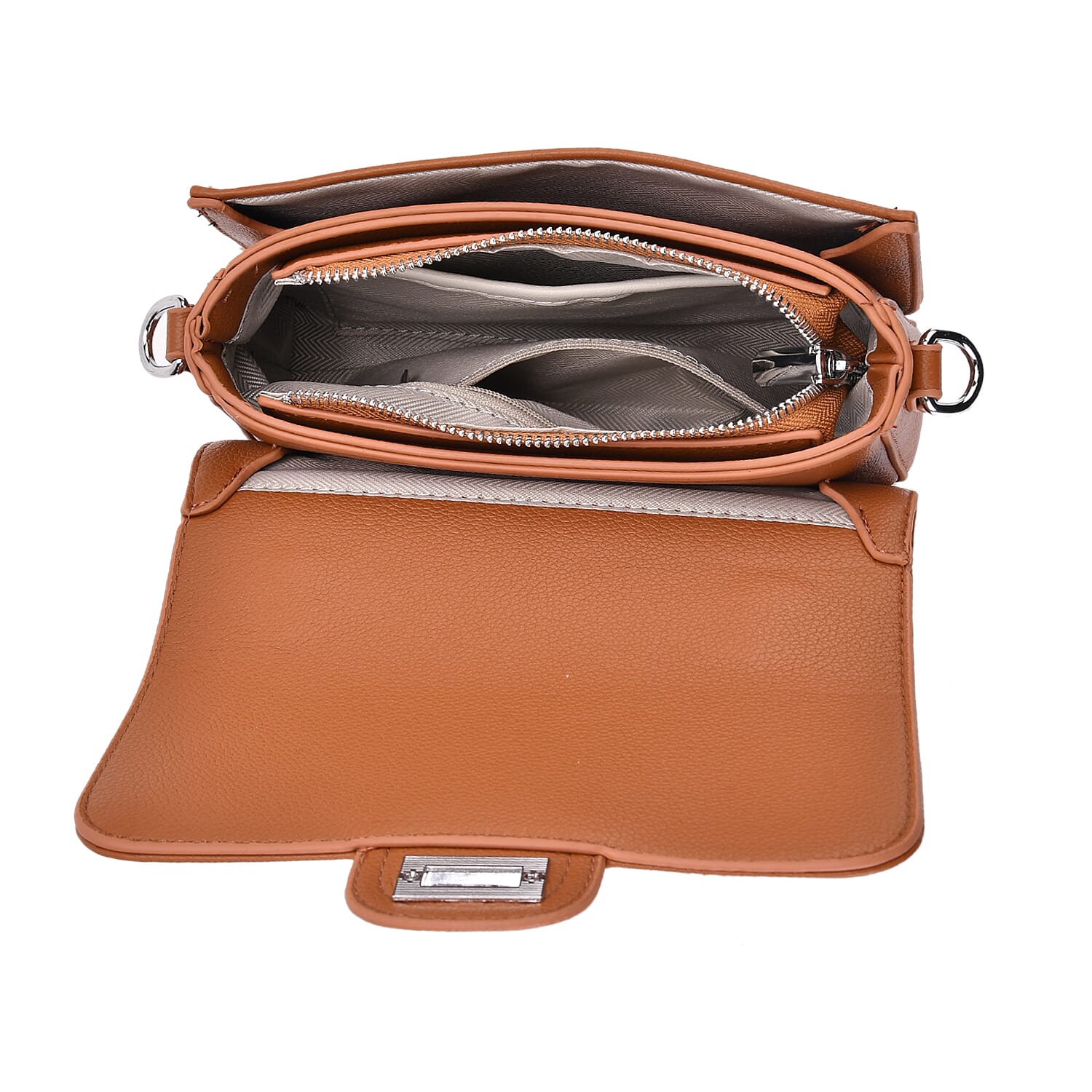 Edgy Crossbody Bag with Chain Handle and Functional Pockets - Tan Edgy Crossbody Bag with Chain Handle and Functional Pockets - Tan