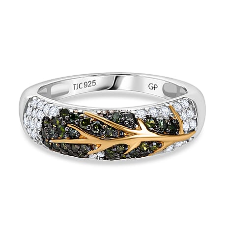 GP Italian Garden Collection - Green Diamond, Kanchanaburi Blue Sapphire & White Diamond  Solitaire Diamond Ring in 18K Vermeil Yellow Gold Plated & Rhodium Overlay Sterling Silver