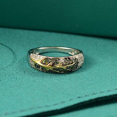 GP Italian Garden Collection - Green Diamond, Kanchanaburi Blue Sapphire & White Diamond  Solitaire Diamond Ring in 18K Vermeil Yellow Gold Plated & Rhodium Overlay Sterling Silver