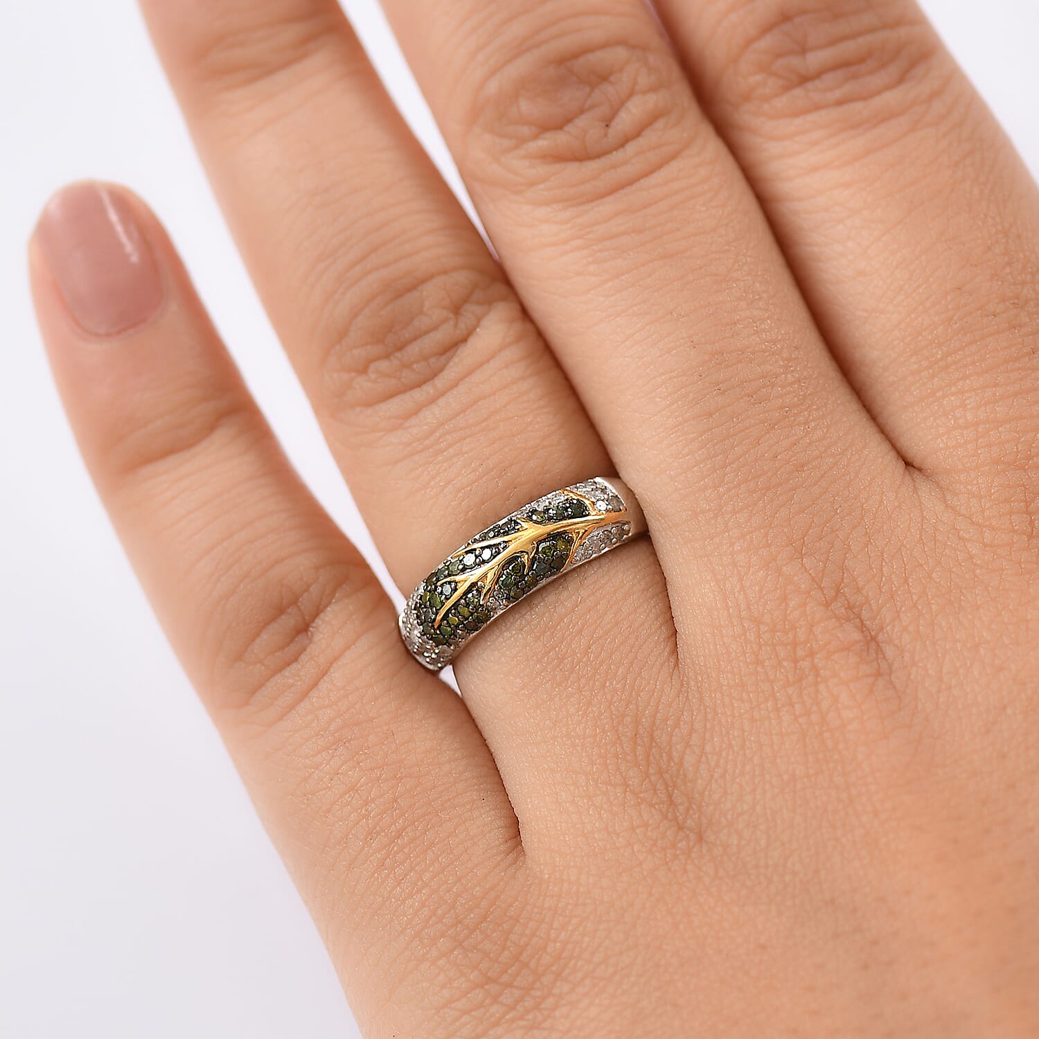 GP Italian Garden Collection - Green Diamond, Kanchanaburi Blue Sapphire & White Diamond  Solitaire Diamond Ring in 18K Vermeil Yellow Gold Plated & Rhodium Overlay Sterling Silver