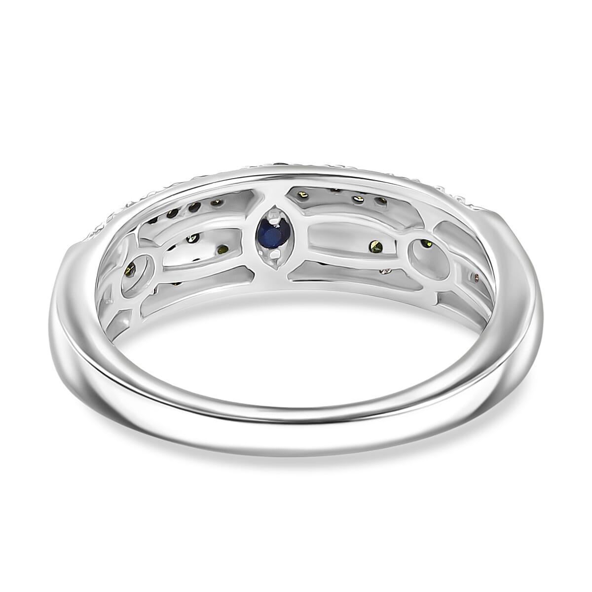 GP Italian Garden Collection - Green Diamond, Kanchanaburi Blue Sapphire & White Diamond  Solitaire Diamond Ring in 18K Vermeil Yellow Gold Plated & Rhodium Overlay Sterling Silver