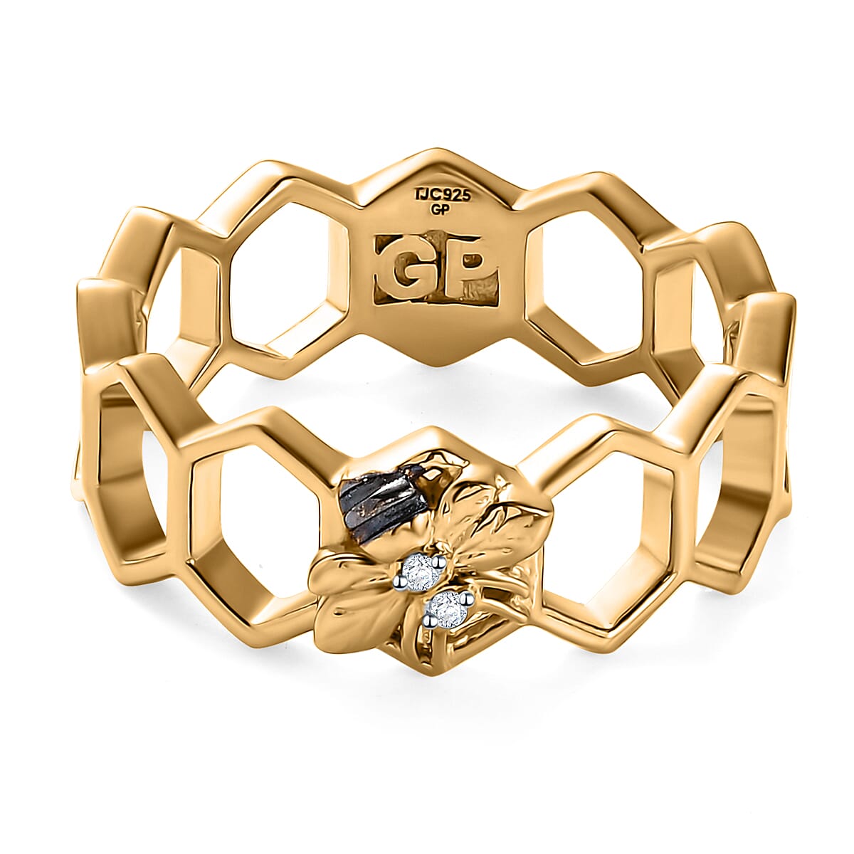 GP HoneyComb Collection - White Zircon & Blue Sapphire Band Ring in 18K Vermeil Yellow Gold Plated Sterling Silver
