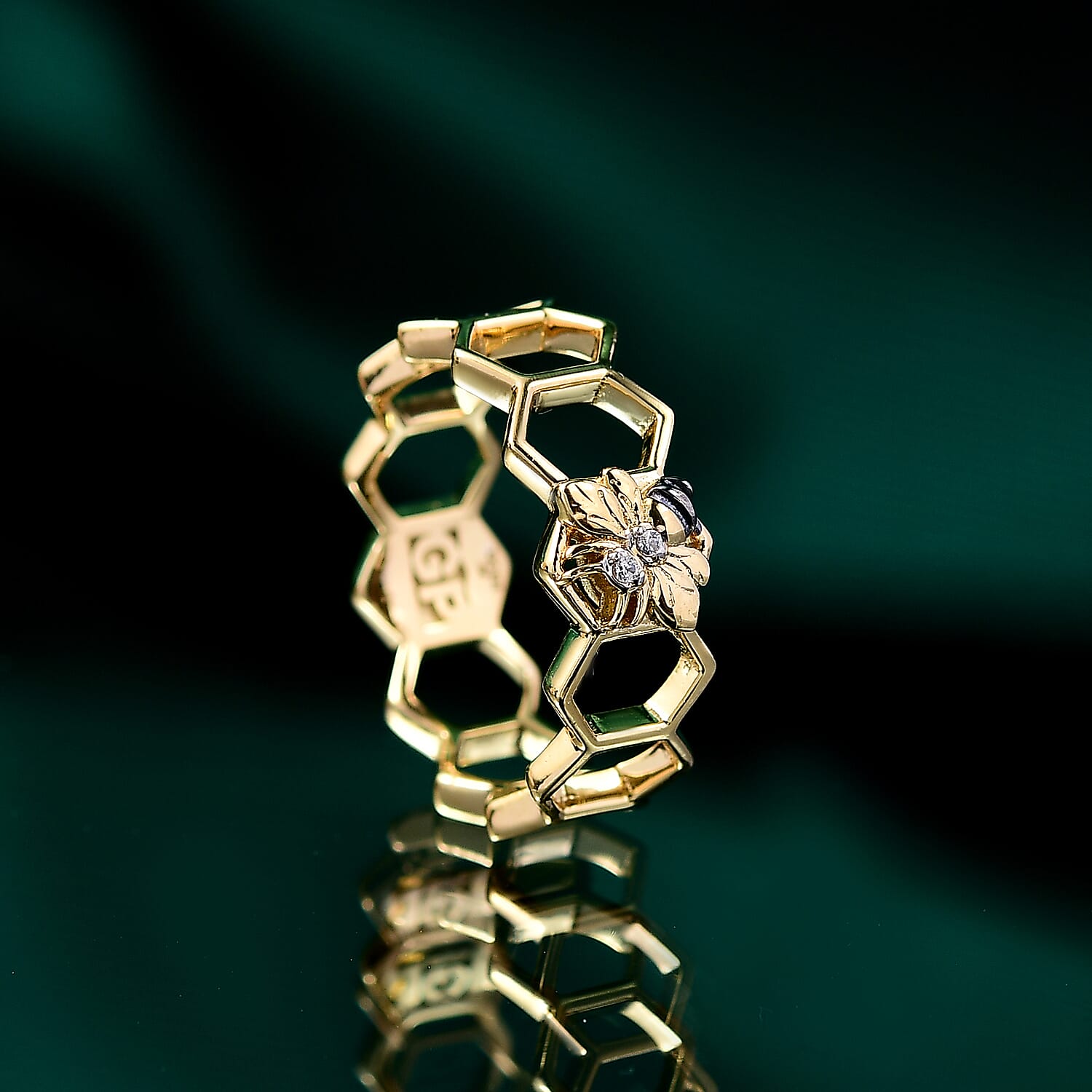 GP HoneyComb Collection - White Zircon & Blue Sapphire Band Ring in 18K Vermeil Yellow Gold Plated Sterling Silver