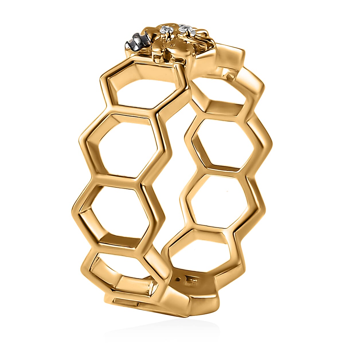 GP HoneyComb Collection - White Zircon & Blue Sapphire Band Ring in 18K Vermeil Yellow Gold Plated Sterling Silver