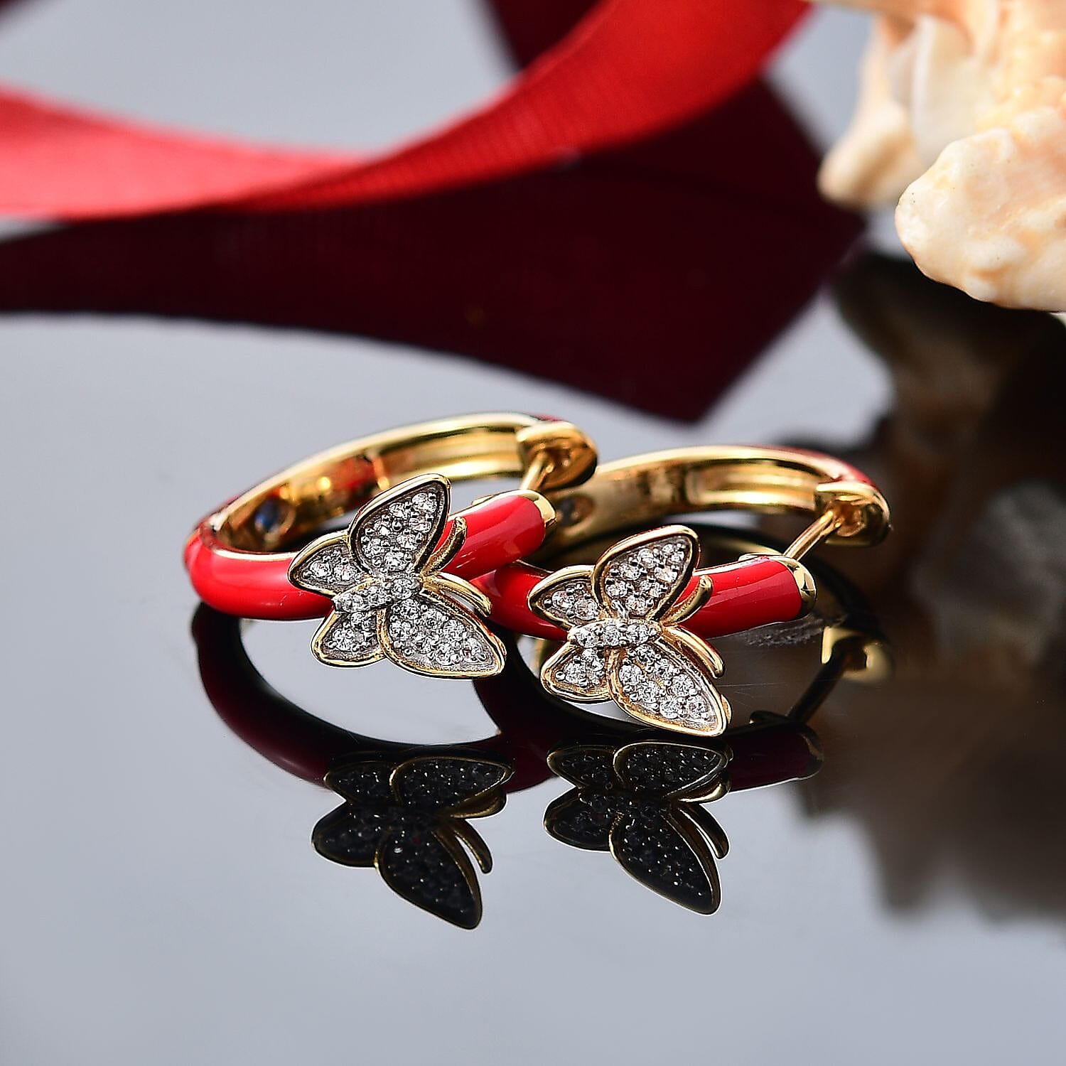 GP Italian Garden Collection - White Zircon, Blue Sapphire Hoop Earring in 18K Vermeil Yellow Gold Plated Sterling Silver